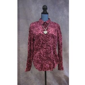 NEW New York & Co Pink Burgundy Bubbles Ruffle Top